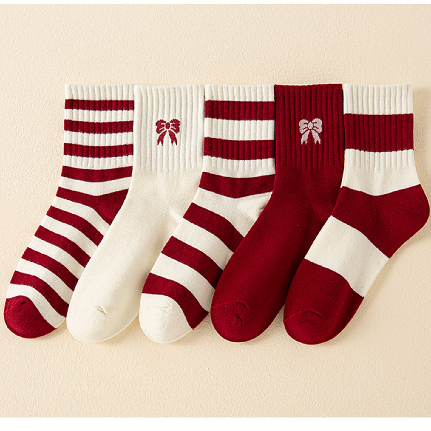 Anna-Kaci Women's 4 Pairs Striped and Solid Knit Socks with Bow Embroidery Ribbed Cuffs and Soft Stretch Fabric