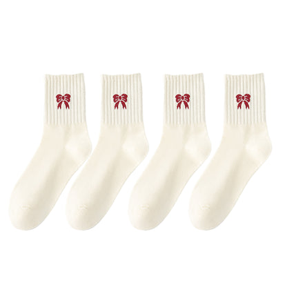 Anna-Kaci Women's 4 Pairs Striped and Solid Knit Socks with Bow Embroidery Ribbed Cuffs and Soft Stretch Fabric