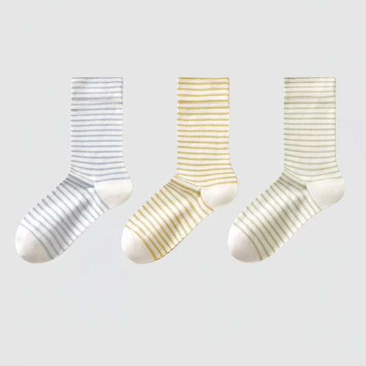 Anna-Kaci Women's 3-Pair Striped Crew Socks Set Lightweight Knit with Soft Stretch and Modern Minimalist Style