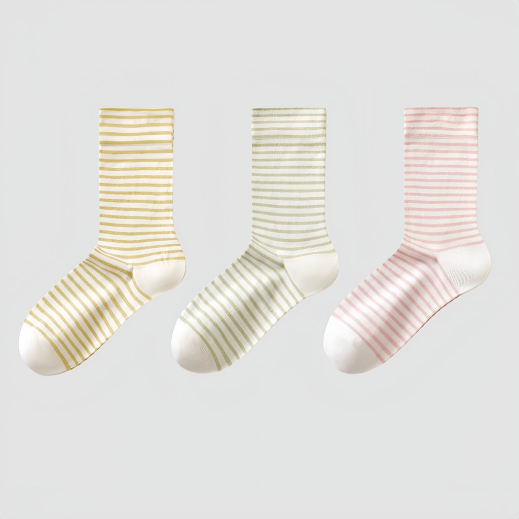 Anna-Kaci Women's 3-Pair Striped Crew Socks Set Lightweight Knit with Soft Stretch and Modern Minimalist Style