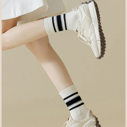 Anna-Kaci Women's 5-Pack Crew Socks Set with Ribbed Knit Texture and Classic Double Stripe Design