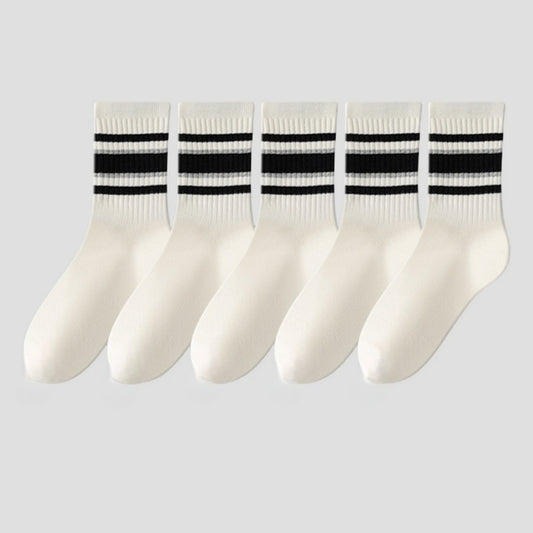 Anna-Kaci Women's 5-Pack Crew Socks Set with Ribbed Knit Texture and Classic Double Stripe Design
