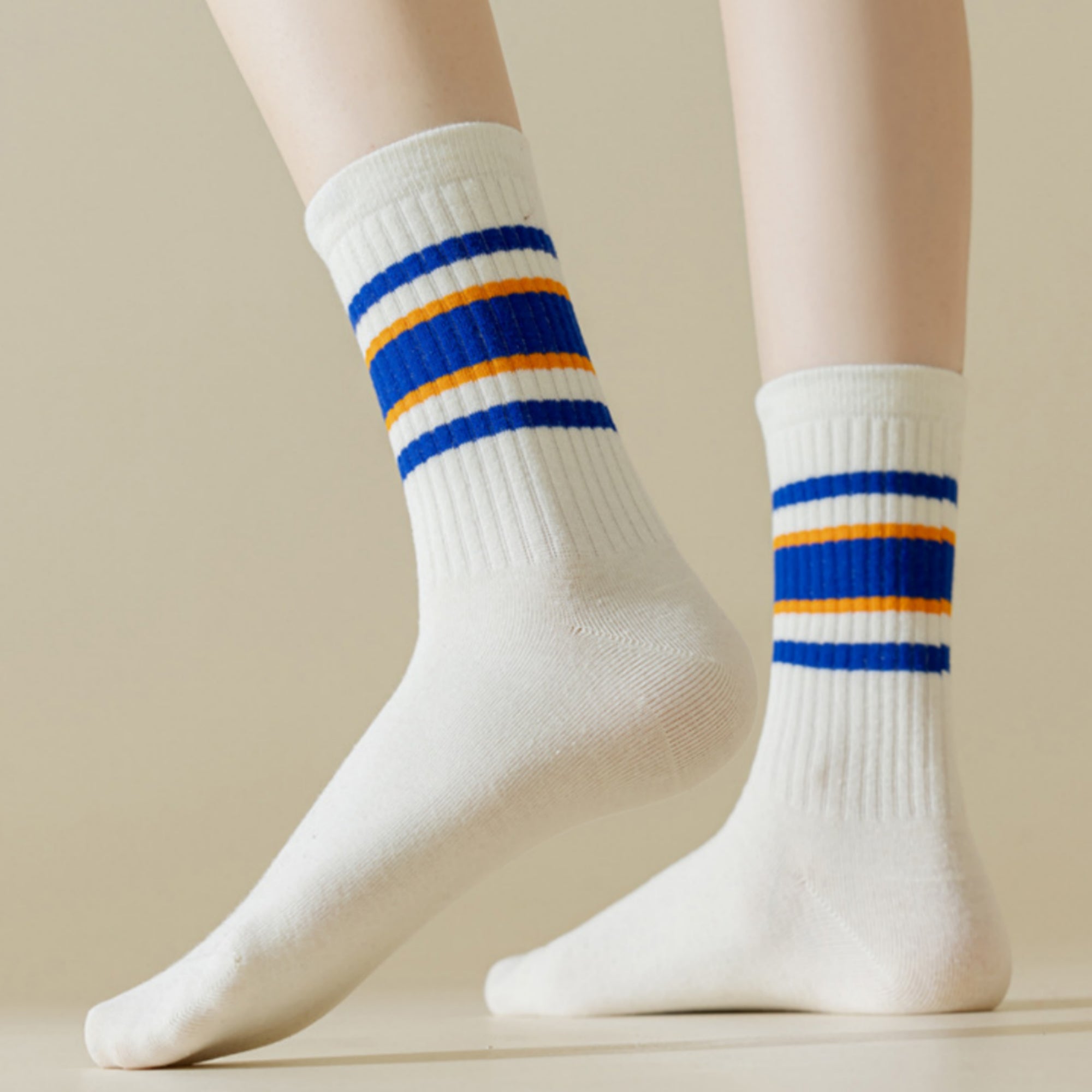 Anna-Kaci Women's 5-Pack Crew Socks Set with Ribbed Knit Texture and Classic Double Stripe Design