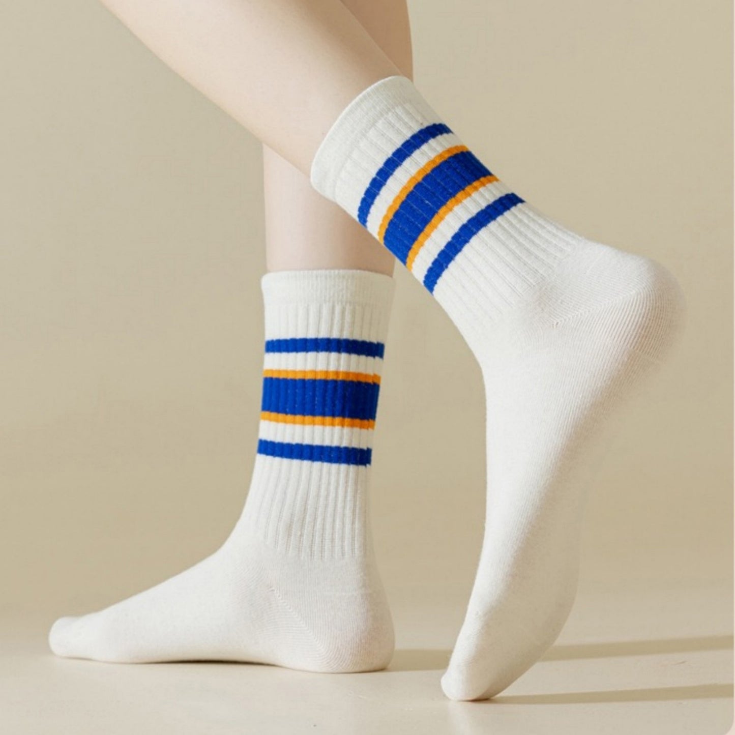 Anna-Kaci Women's 5-Pack Crew Socks Set with Ribbed Knit Texture and Classic Double Stripe Design