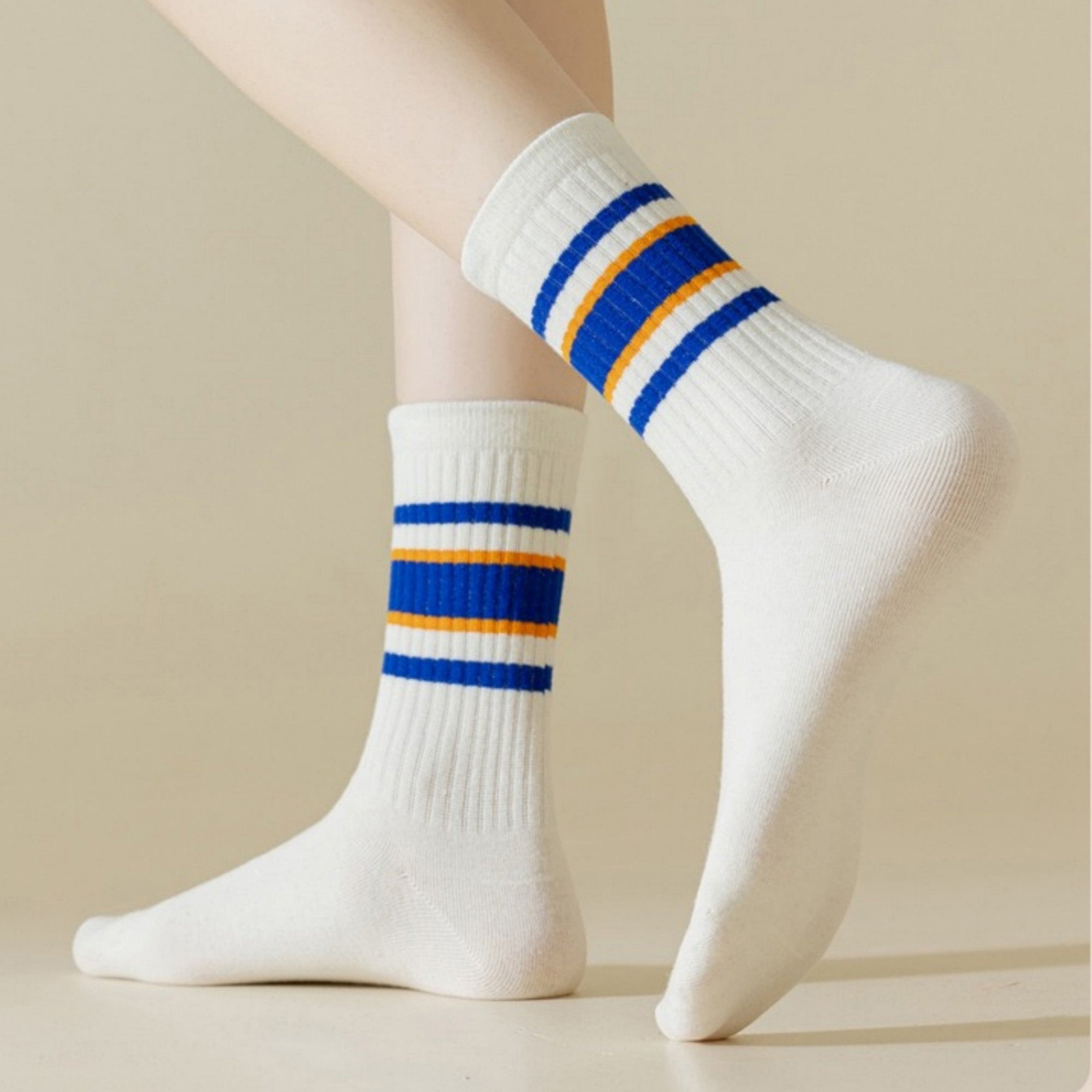 Anna-Kaci Women's 5-Pack Crew Socks Set with Ribbed Knit Texture and Classic Double Stripe Design