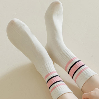 Anna-Kaci Women's 5-Pack Crew Socks Set with Ribbed Knit Texture and Classic Double Stripe Design