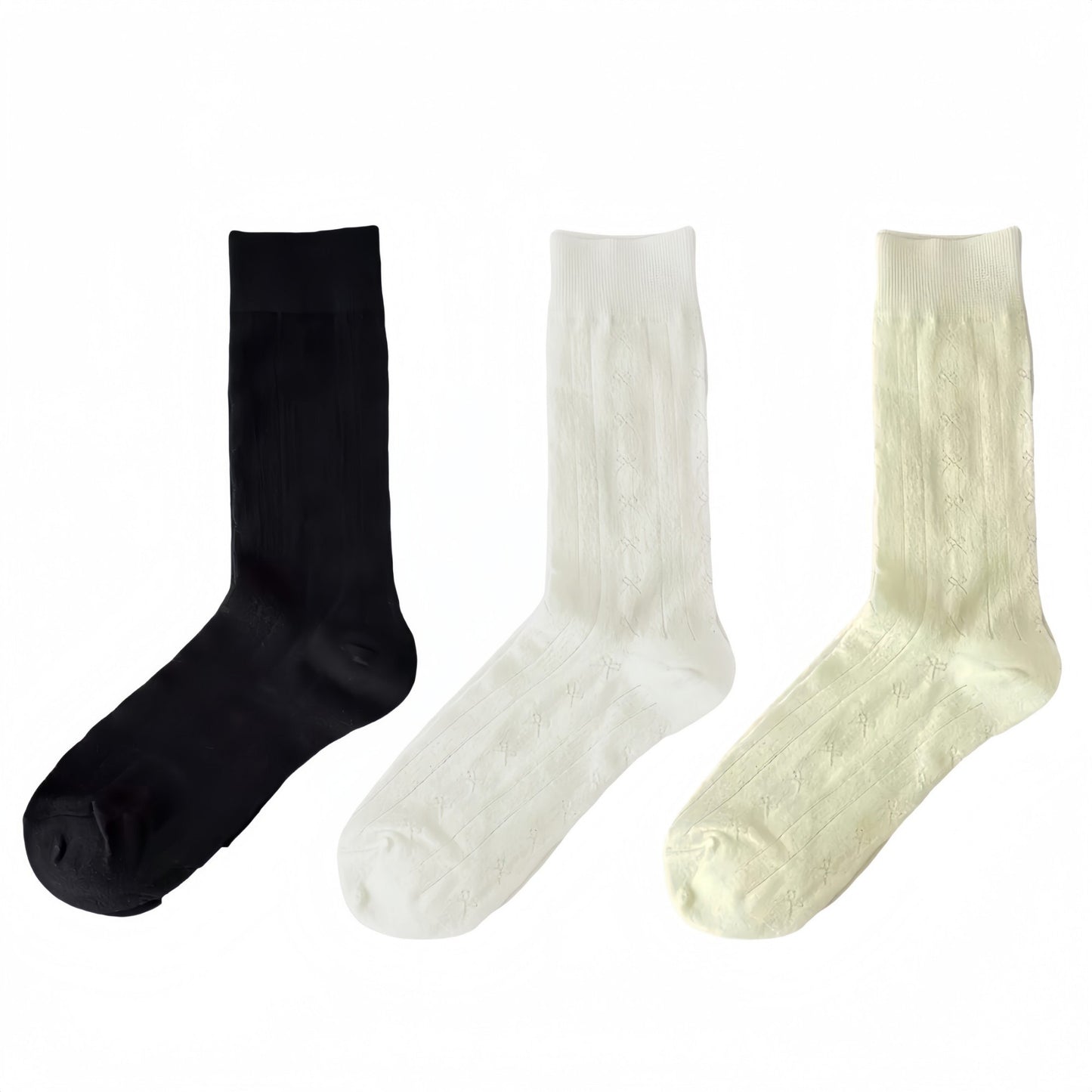 Anna-Kaci Women's 3-Pair Ribbed Crew Socks with Embroidered Bow Knit Texture in Neutral Shades for Everyday Wear