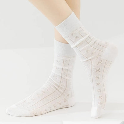 Anna-Kaci Women's 3-Pair Ribbed Crew Socks with Embroidered Bow Knit Texture in Neutral Shades for Everyday Wear
