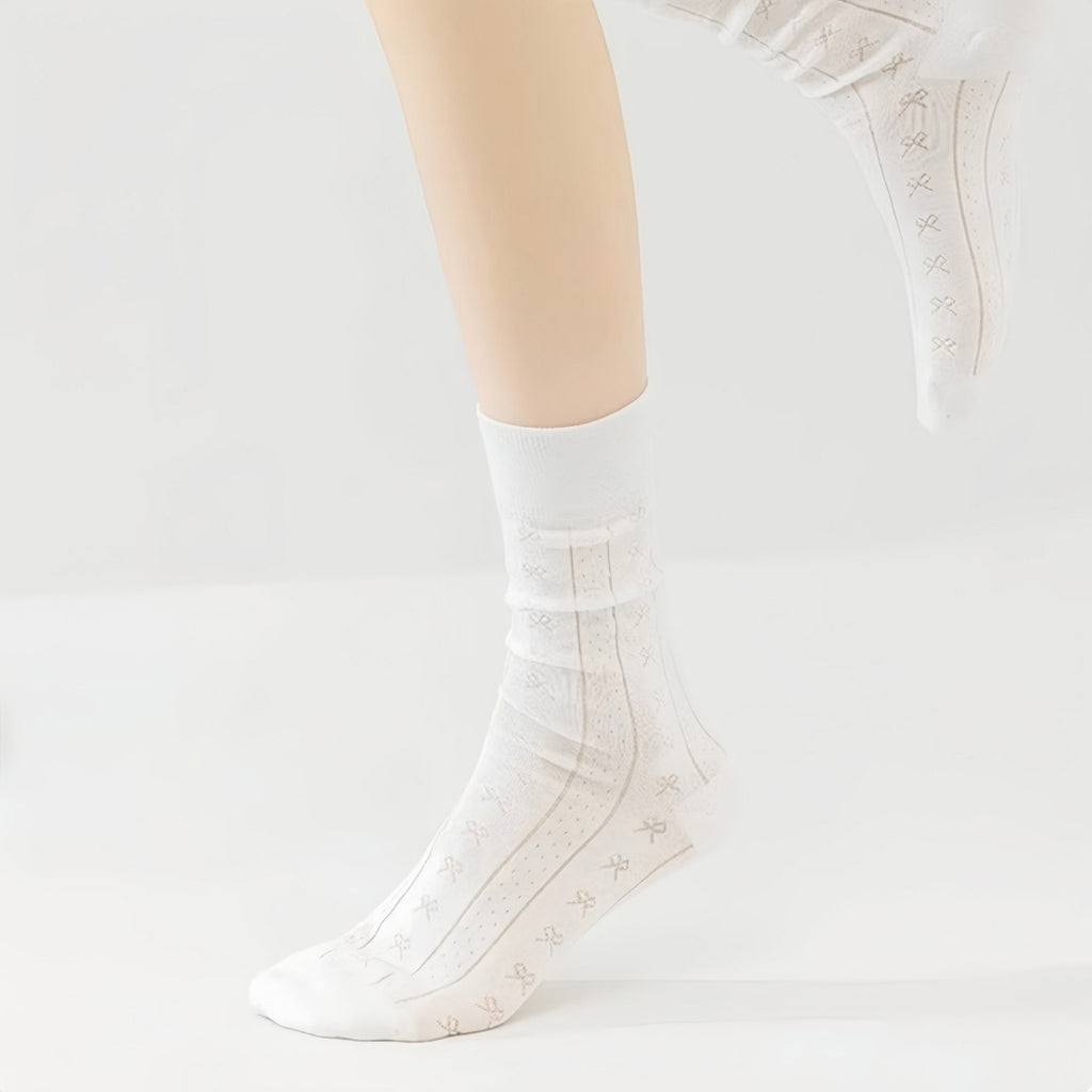 Anna-Kaci Women's 3-Pair Ribbed Crew Socks with Embroidered Bow Knit Texture in Neutral Shades for Everyday Wear