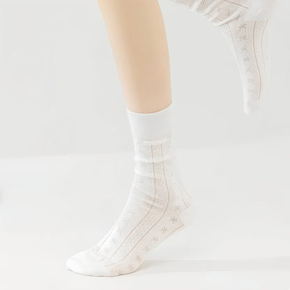 Anna-Kaci Women's 3-Pair Ribbed Crew Socks with Embroidered Bow Knit Texture in Neutral Shades for Everyday Wear