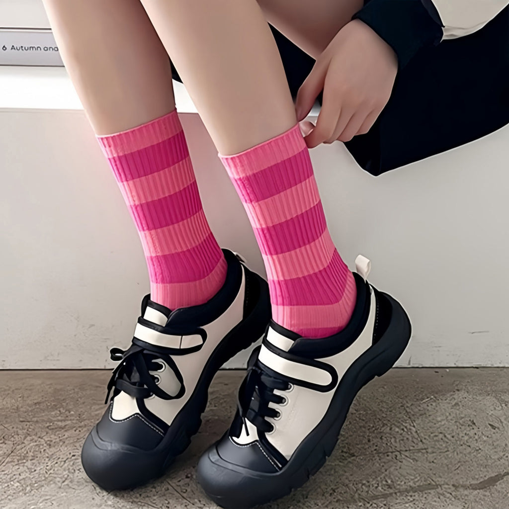 Anna-Kaci Women's 3-Pack Crew Socks with Wide Ribbed Knit and Bold Horizontal Stripe Pattern
