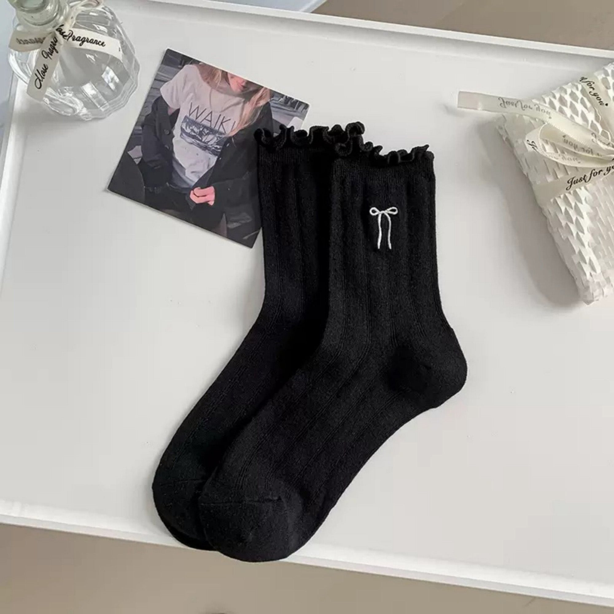 Anna-Kaci Women's 6-Pack Ruffle Trim Crew Socks with Ribbed Texture and Delicate Bow Accent