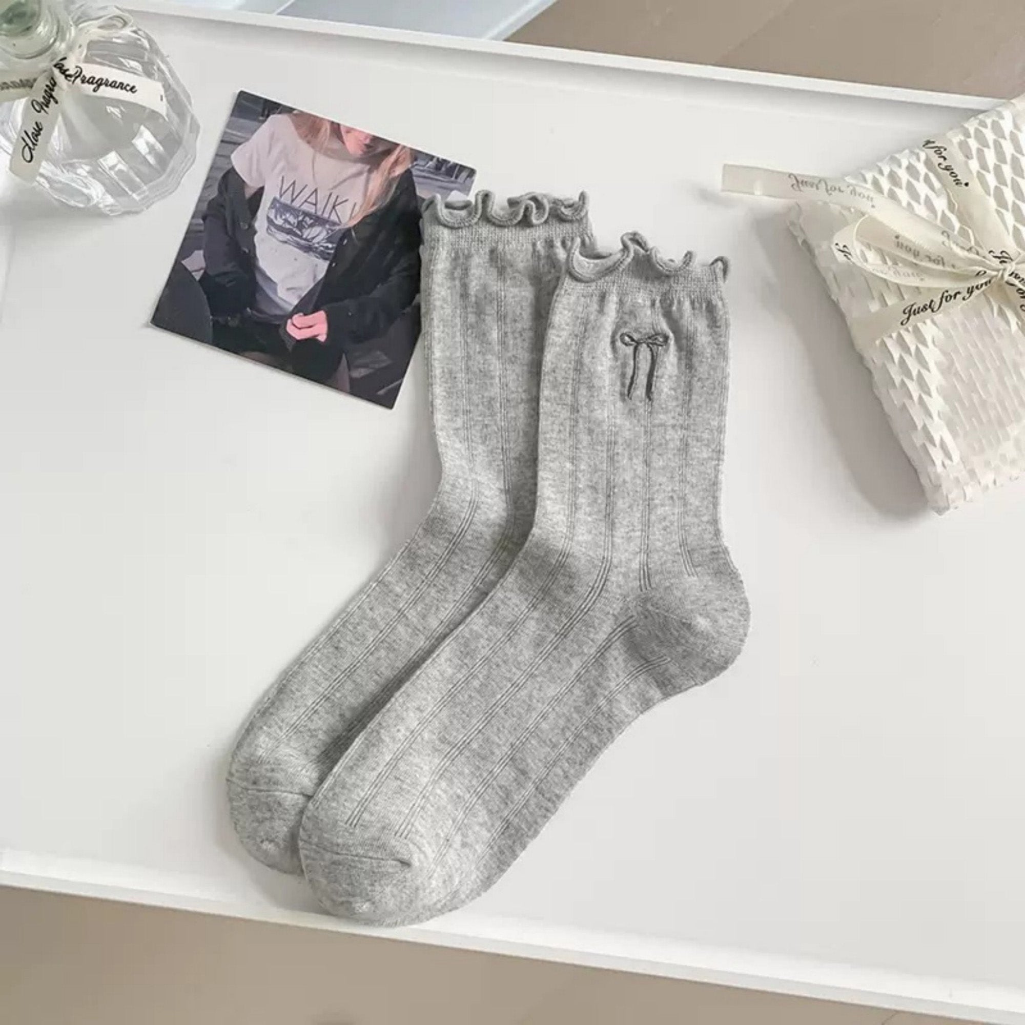 Anna-Kaci Women's 6-Pack Ruffle Trim Crew Socks with Ribbed Texture and Delicate Bow Accent