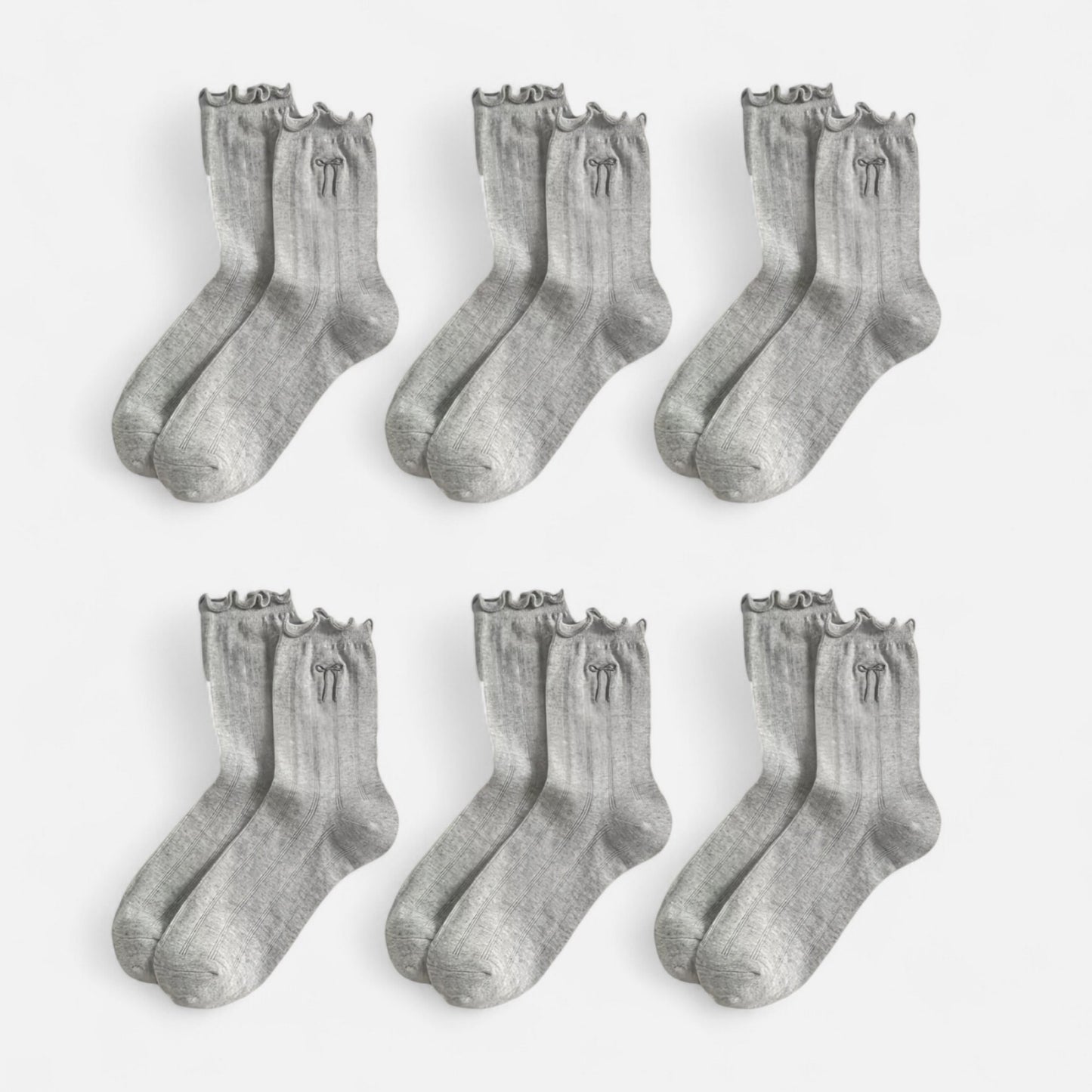 Anna-Kaci Women's 6-Pack Ruffle Trim Crew Socks with Ribbed Texture and Delicate Bow Accent