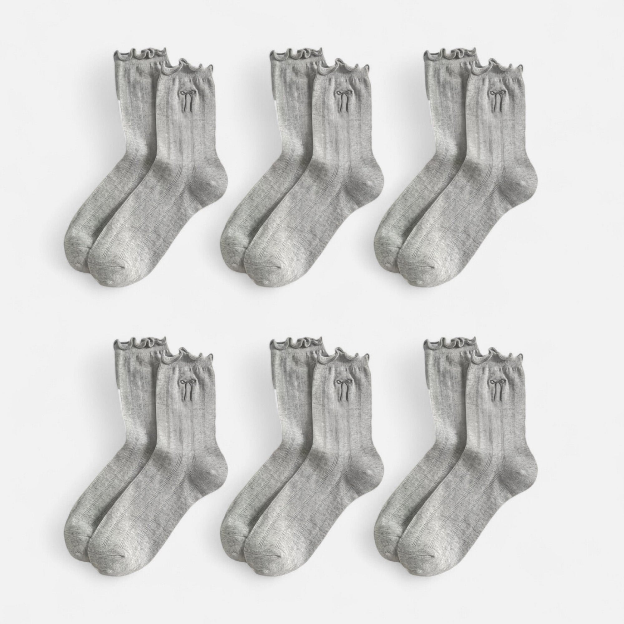 Anna-Kaci Women's 6-Pack Ruffle Trim Crew Socks with Ribbed Texture and Delicate Bow Accent