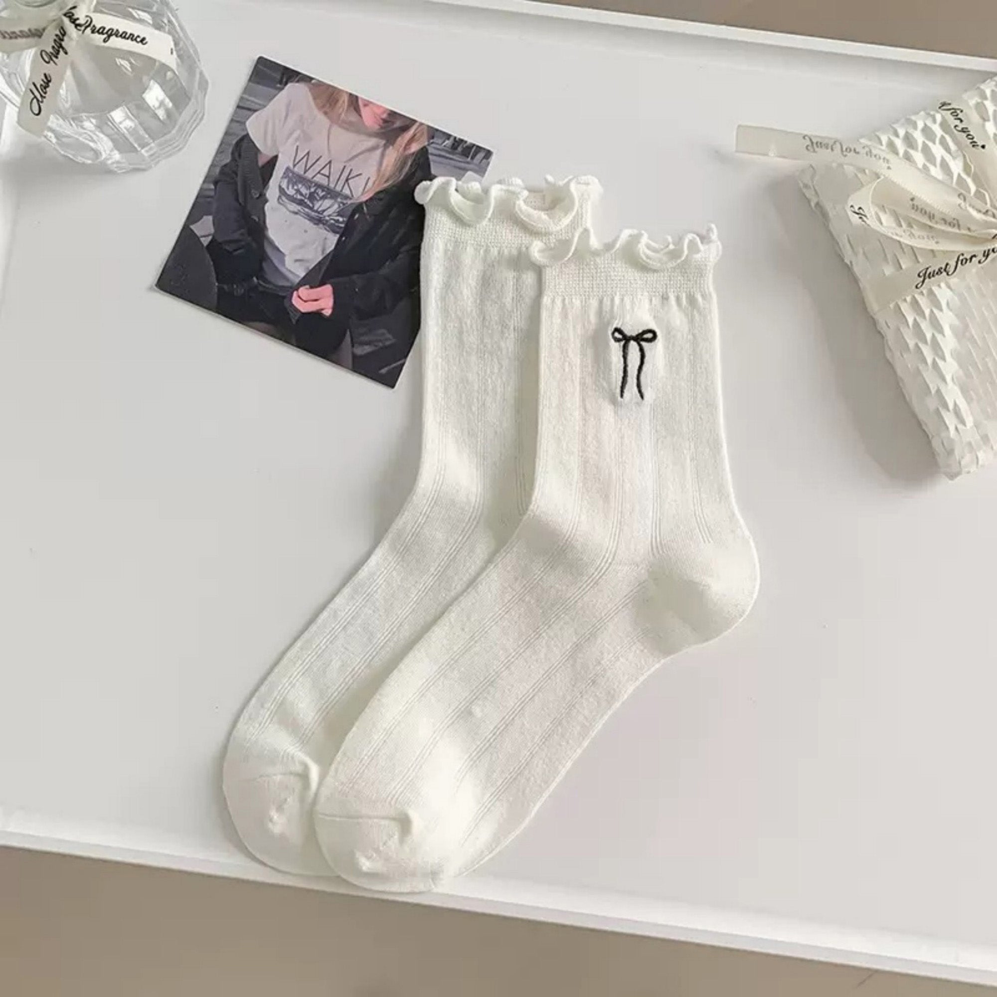 Anna-Kaci Women's 6-Pack Ruffle Trim Crew Socks with Ribbed Texture and Delicate Bow Accent