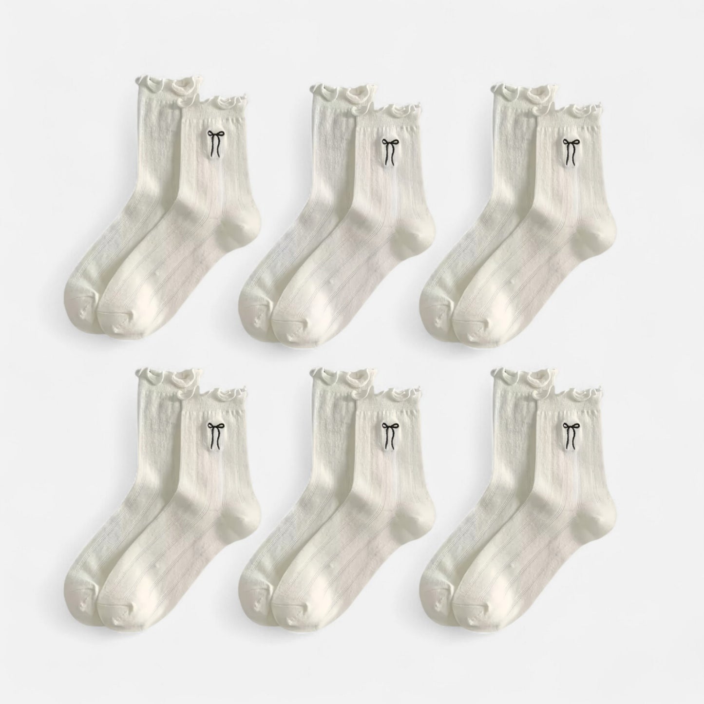 Anna-Kaci Women's 6-Pack Ruffle Trim Crew Socks with Ribbed Texture and Delicate Bow Accent