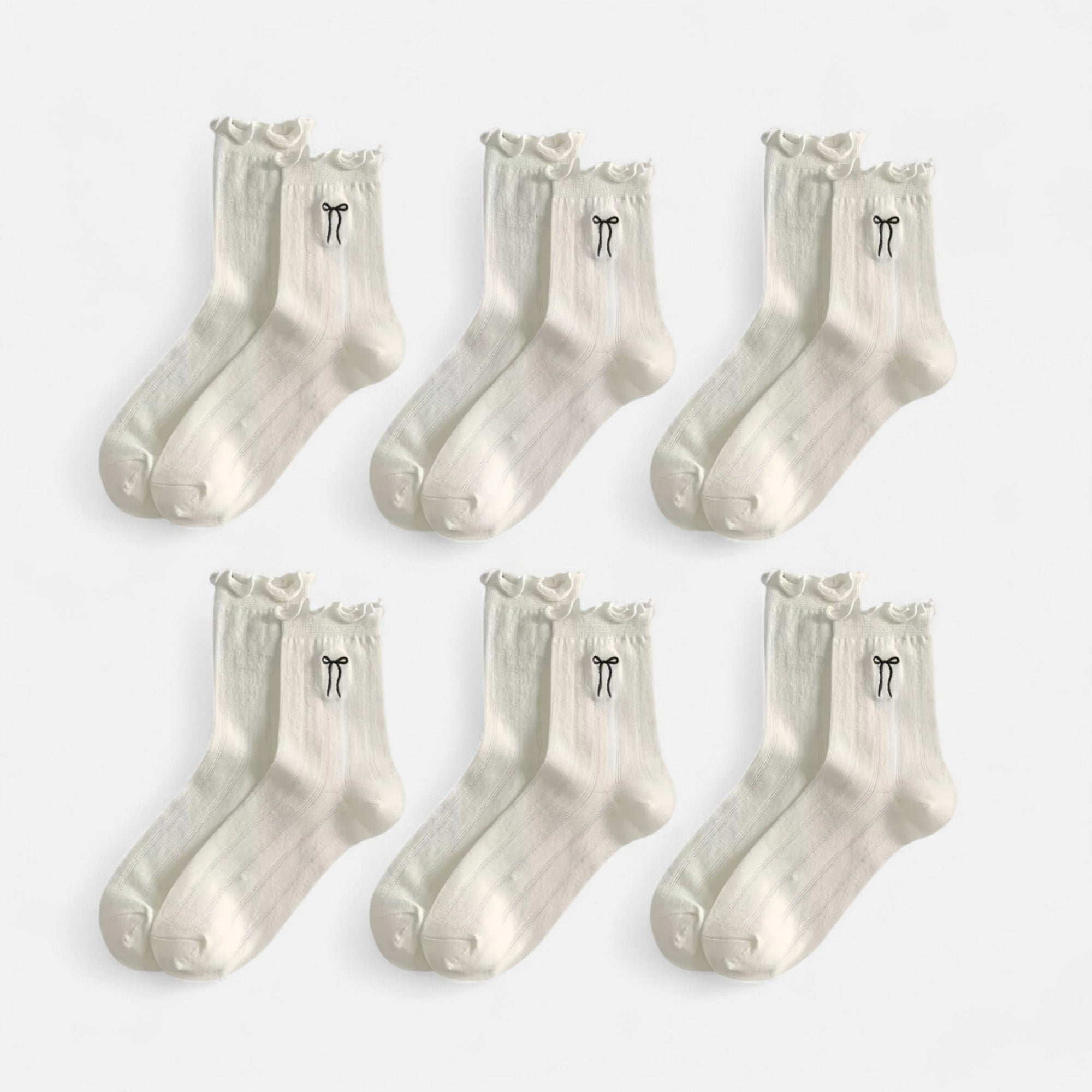 Anna-Kaci Women's 6-Pack Ruffle Trim Crew Socks with Ribbed Texture and Delicate Bow Accent
