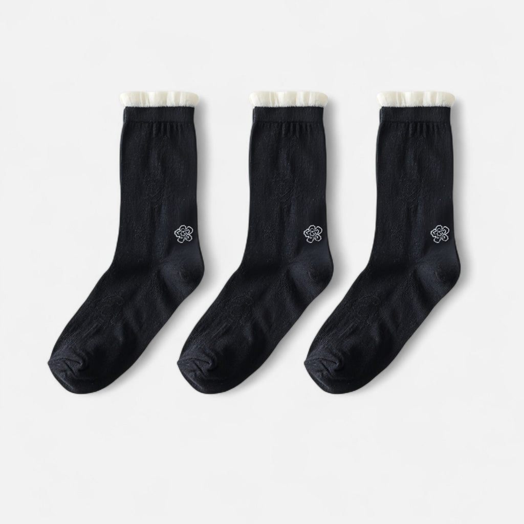 Anna-Kaci Women's 3-Pack Sheer Floral Embroidered Socks with Contrast Ruffle Cuff and Delicate Flower Accents