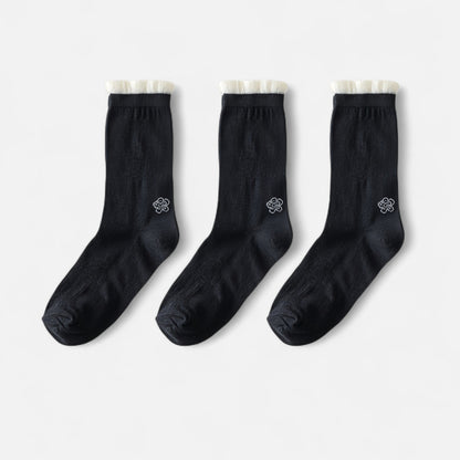 Anna-Kaci Women's 3-Pack Sheer Floral Embroidered Socks with Contrast Ruffle Cuff and Delicate Flower Accents
