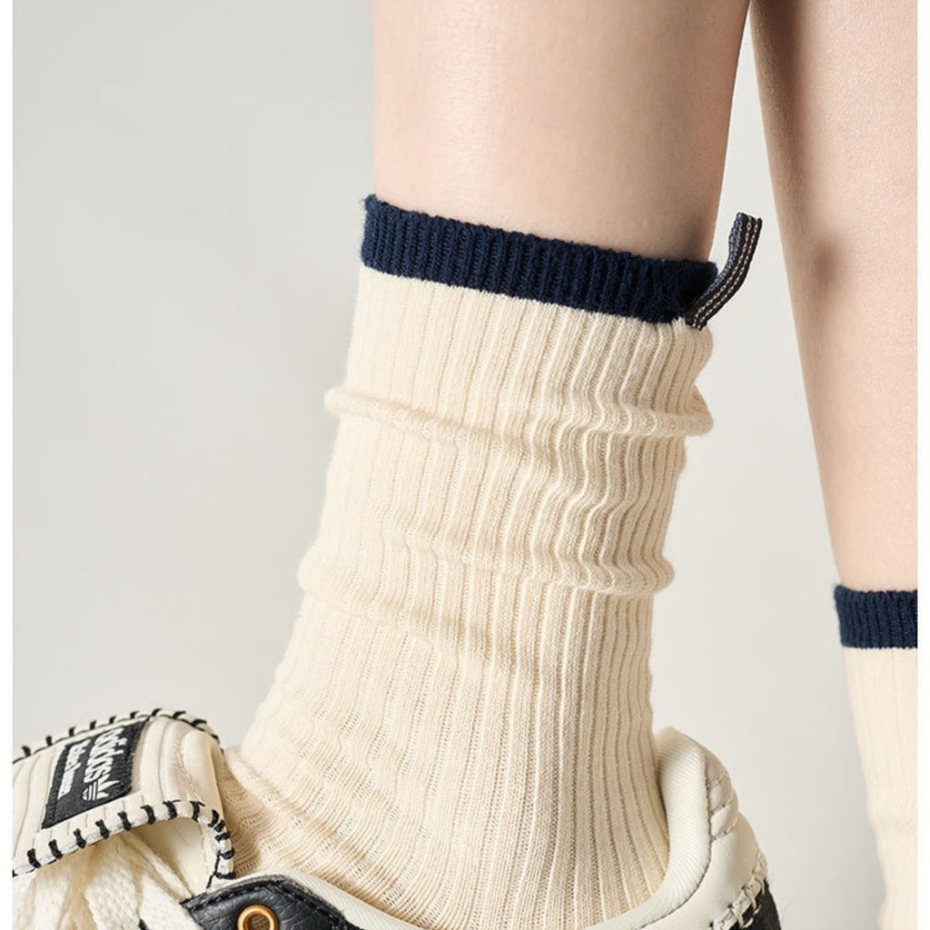 Anna-Kaci Women's Minimalist Stripe Crew Socks 3-Pack Ribbed and Patterned Design in Neutral Tones
