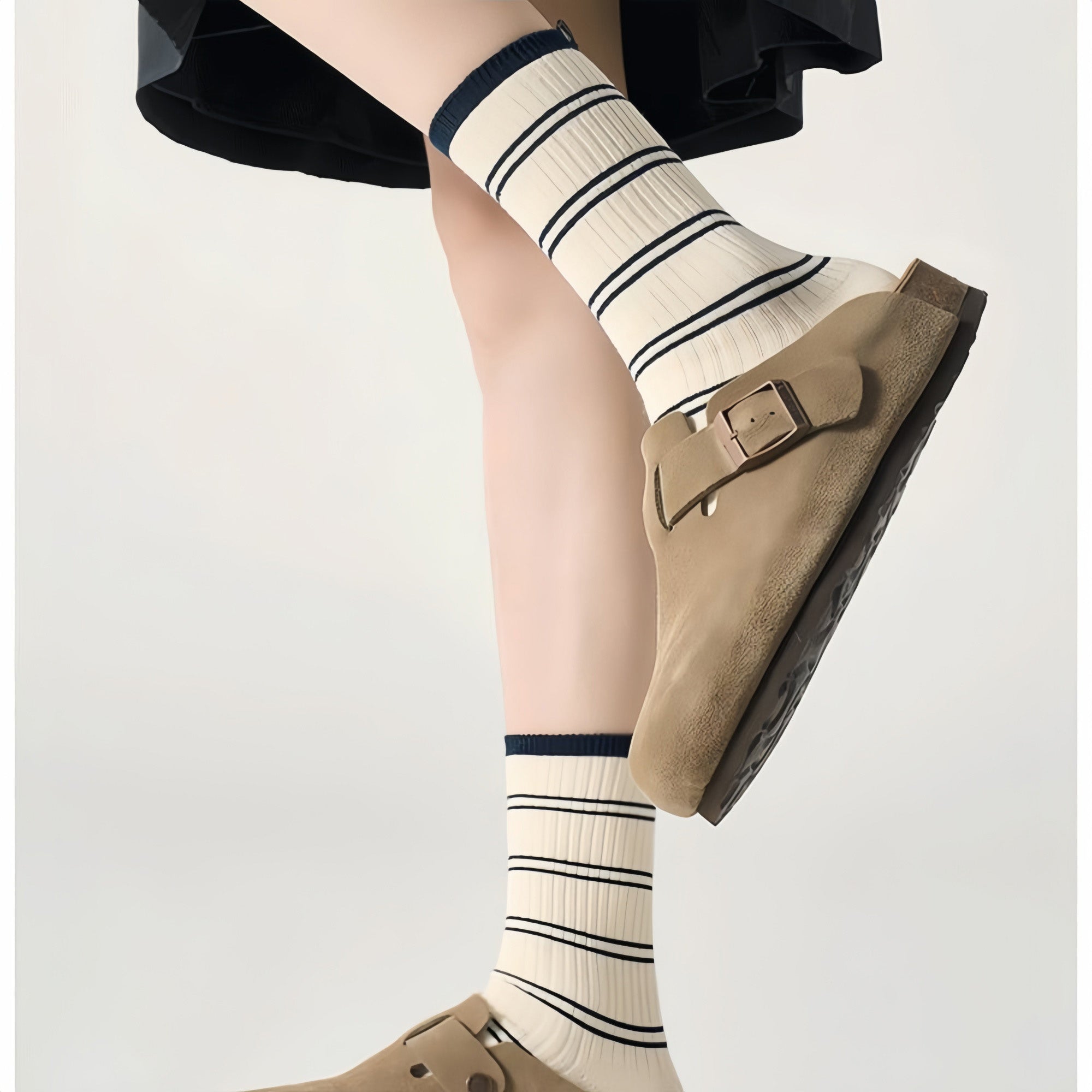 Anna-Kaci Women's Minimalist Stripe Crew Socks 3-Pack Ribbed and Patterned Design in Neutral Tones