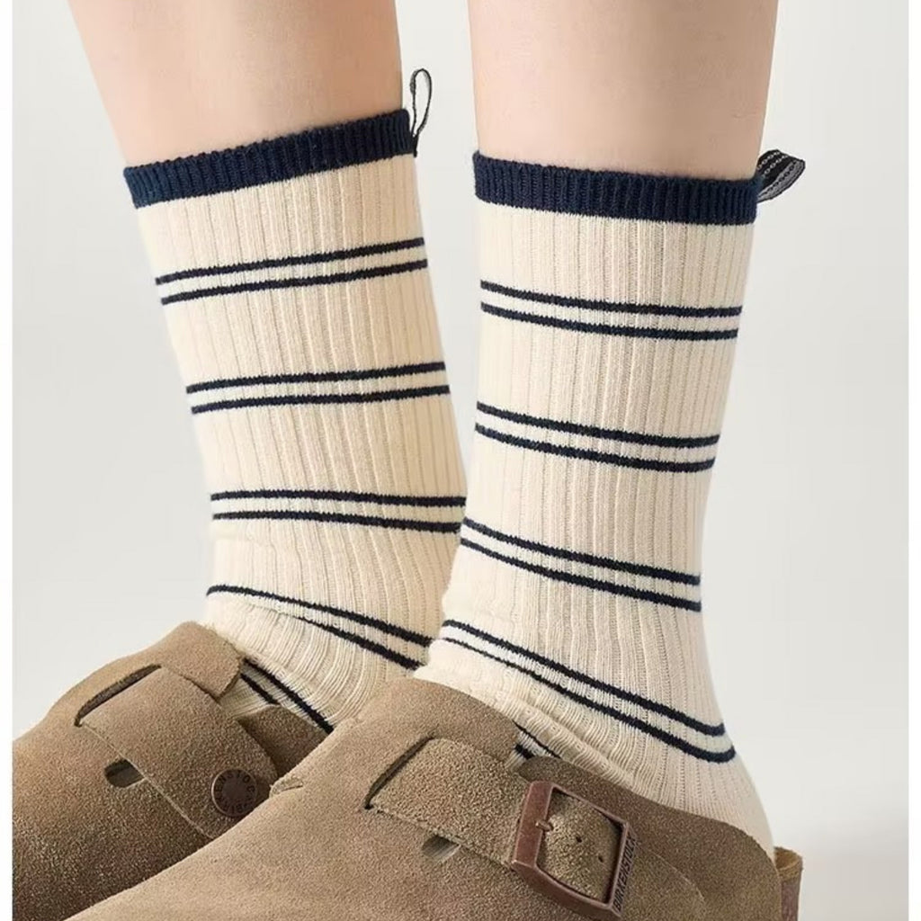 Anna-Kaci Women's Minimalist Stripe Crew Socks 3-Pack Ribbed and Patterned Design in Neutral Tones