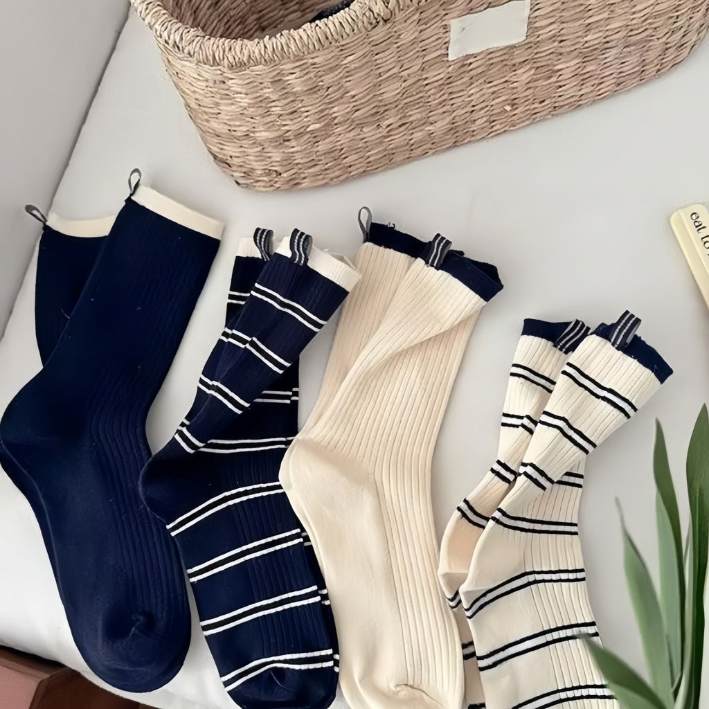 Anna-Kaci Women's Minimalist Stripe Crew Socks 3-Pack Ribbed and Patterned Design in Neutral Tones