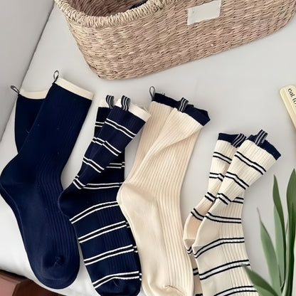 Anna-Kaci Women's Minimalist Stripe Crew Socks 3-Pack Ribbed and Patterned Design in Neutral Tones