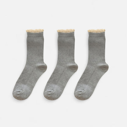 Anna-Kaci Women's 3-Pack Ribbed Crew Socks with Soft Plush Trim and Comfortable Stretch Knit Design