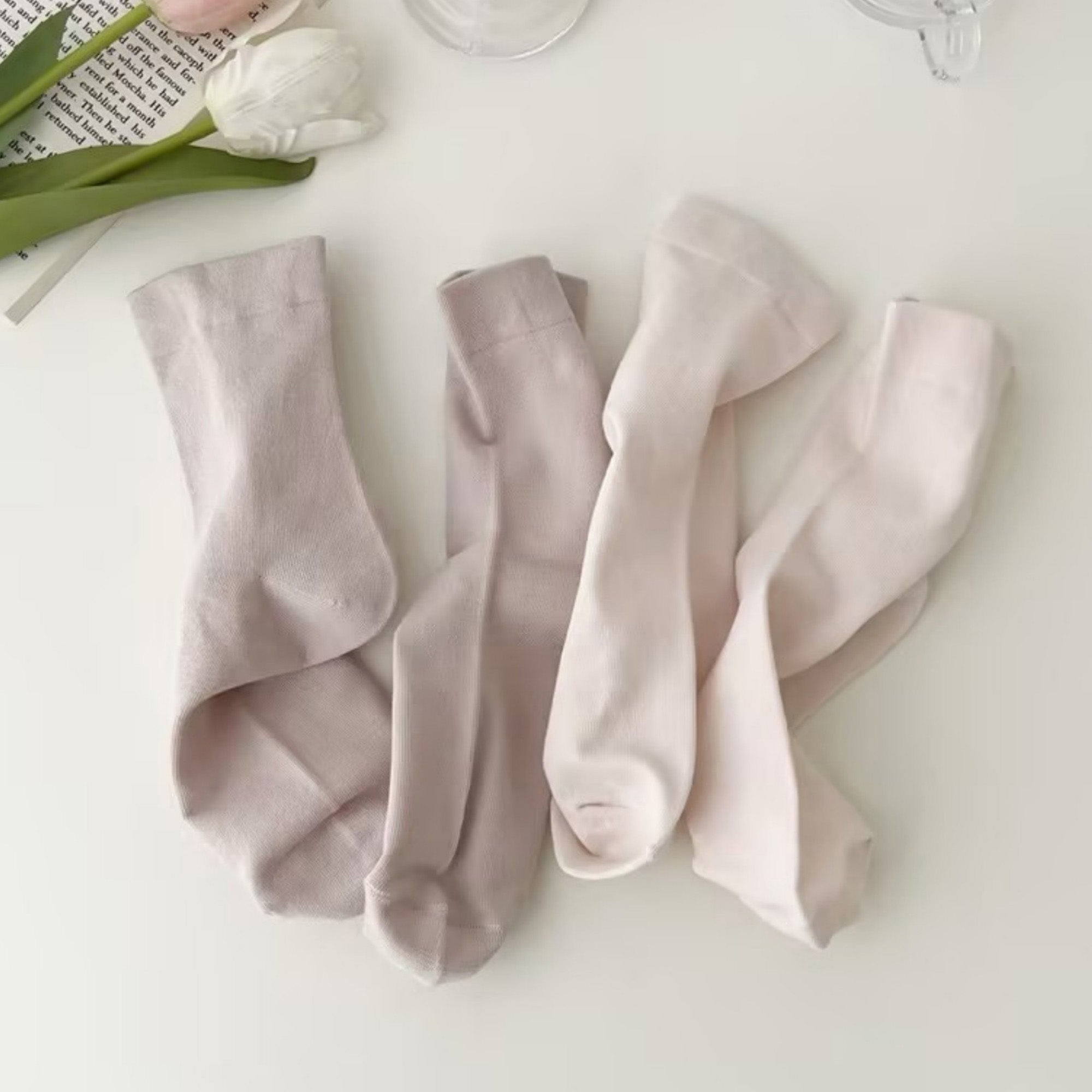 Anna-Kaci Women's Minimalist Solid Pink Crew Socks 3-Pack Soft Cotton Blend Comfort Fit Seamless Toe Design