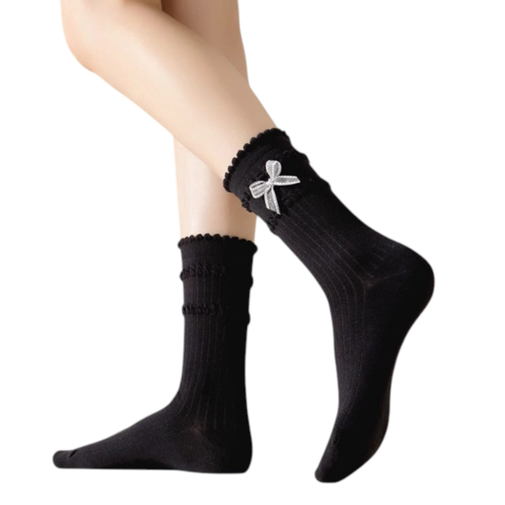 Anna-Kaci 3-Pack Women's Cotton Crew Socks with Ribbed Knit, Satin Bow Accen