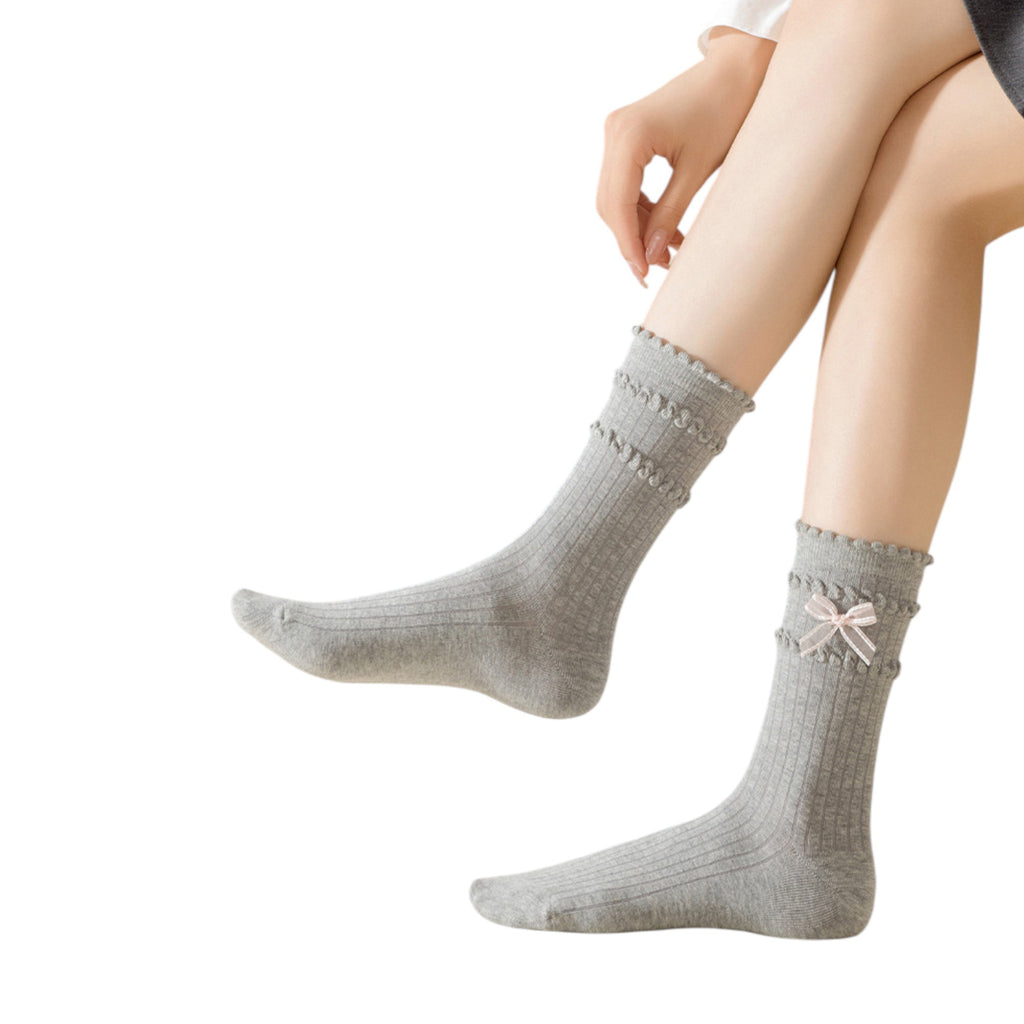 Anna-Kaci 3-Pack Women's Cotton Crew Socks with Ribbed Knit, Satin Bow Accen