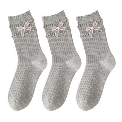 Anna-Kaci 3-Pack Women's Cotton Crew Socks with Ribbed Knit, Satin Bow Accen