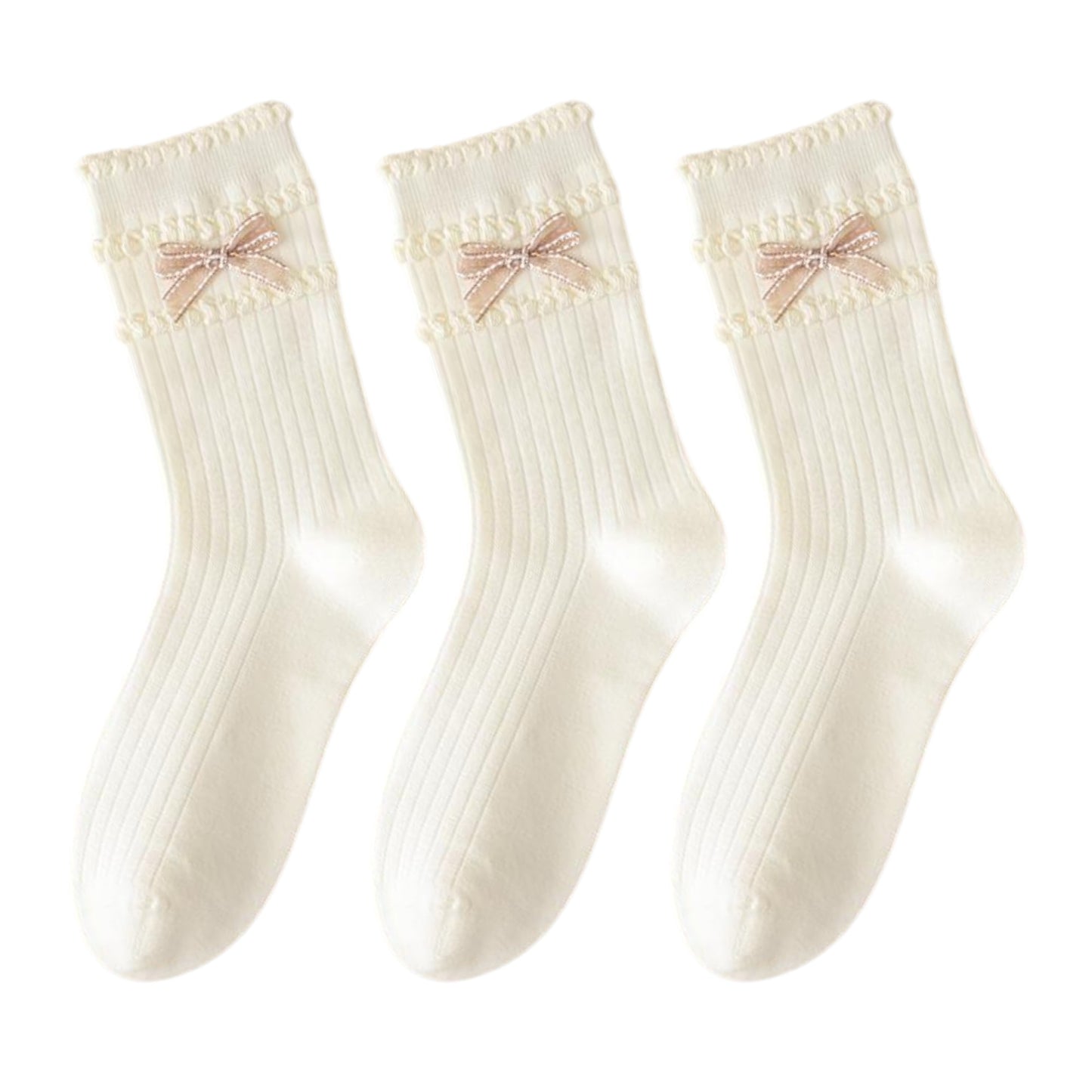 Anna-Kaci 3-Pack Women's Cotton Crew Socks with Ribbed Knit, Satin Bow Accen