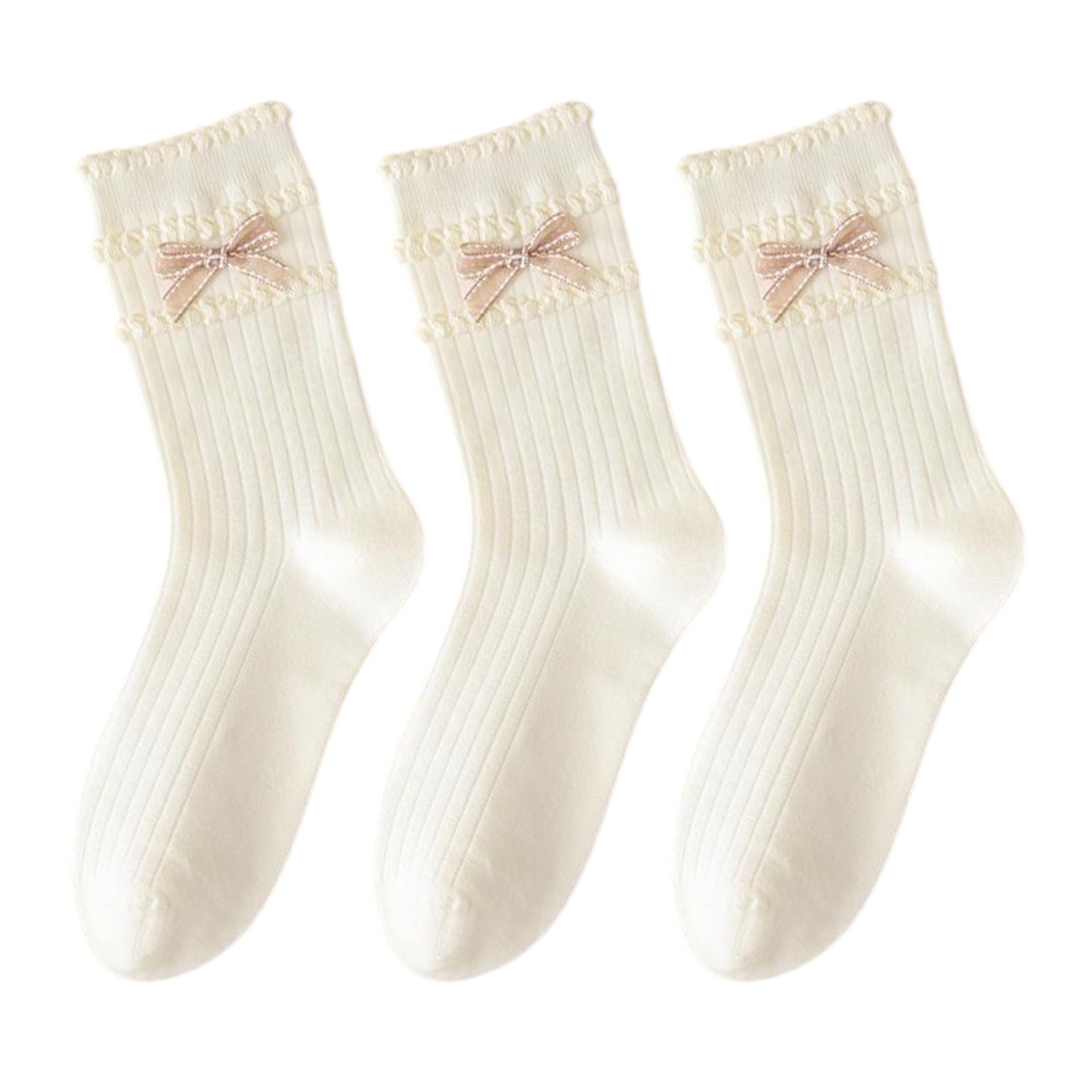 Anna-Kaci 3-Pack Women's Cotton Crew Socks with Ribbed Knit, Satin Bow Accen