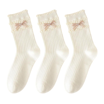 Anna-Kaci 3-Pack Women's Cotton Crew Socks with Ribbed Knit, Satin Bow Accen