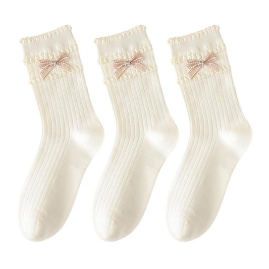 Anna-Kaci 3-Pack Women's Cotton Crew Socks with Ribbed Knit, Satin Bow Accen