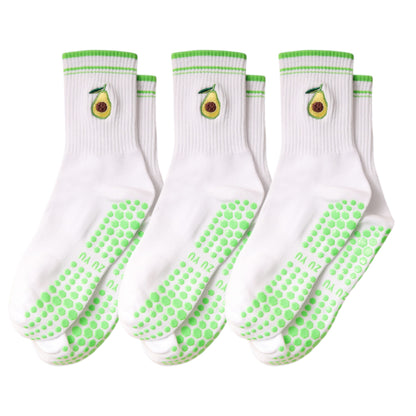 Anna-Kaci Women's 3-Pack Cotton Crew Socks with Non-Slip Grip and Embroidered Fruit and Animal Designs
