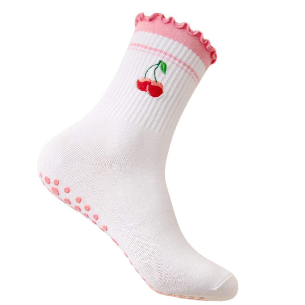 Anna-Kaci Women's 3-Pack Cotton Crew Socks with Non-Slip Grip and Embroidered Fruit and Animal Designs