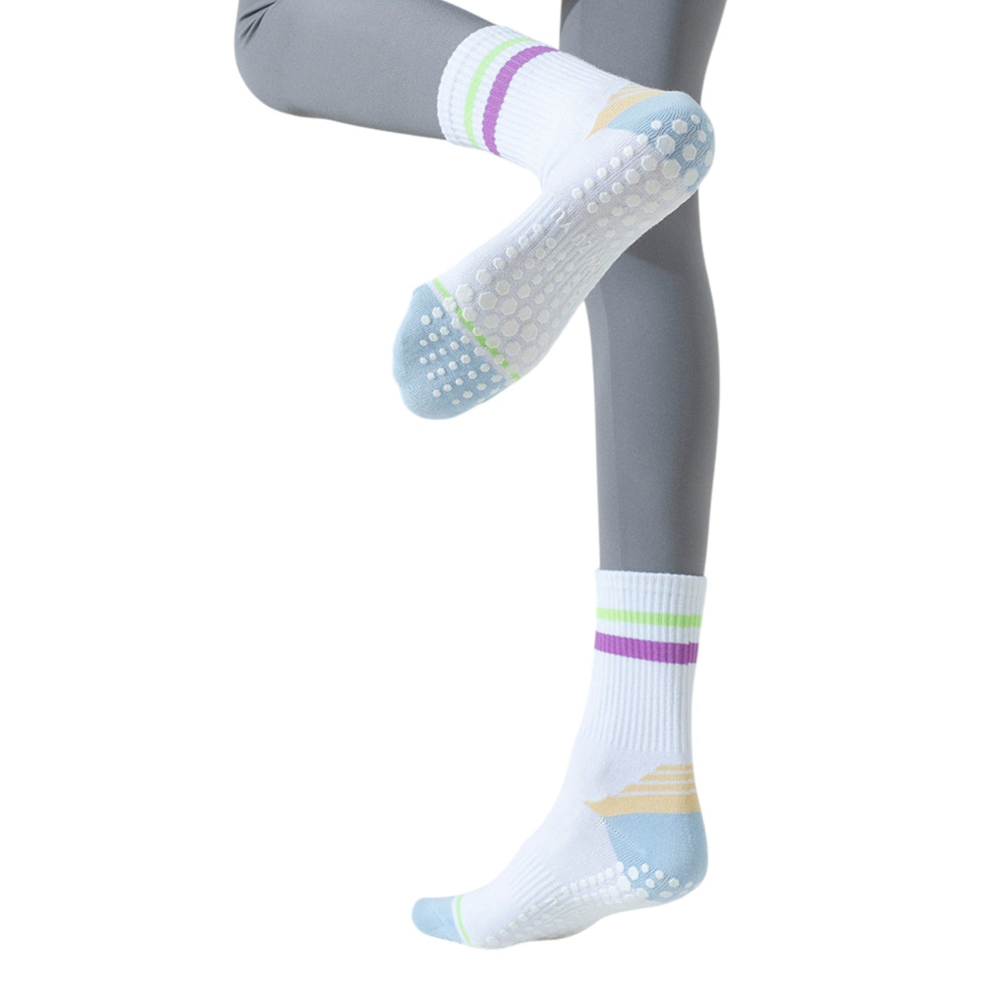 Anna-Kaci 3-Pack Women's Cotton Crew Socks with Color Block Toes Striped Cuffs and Non-Slip Grip Soles