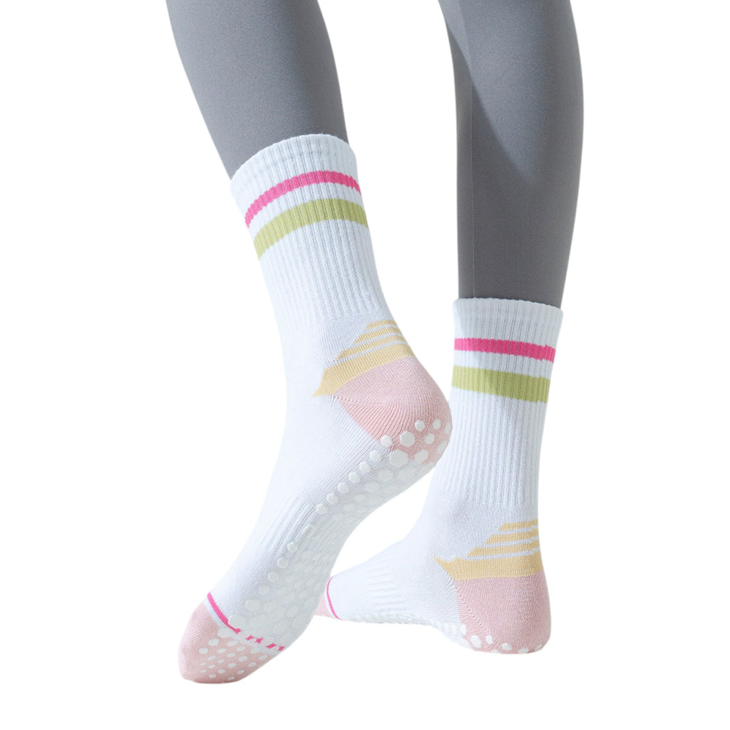 Anna-Kaci 3-Pack Women's Cotton Crew Socks with Color Block Toes Striped Cuffs and Non-Slip Grip Soles