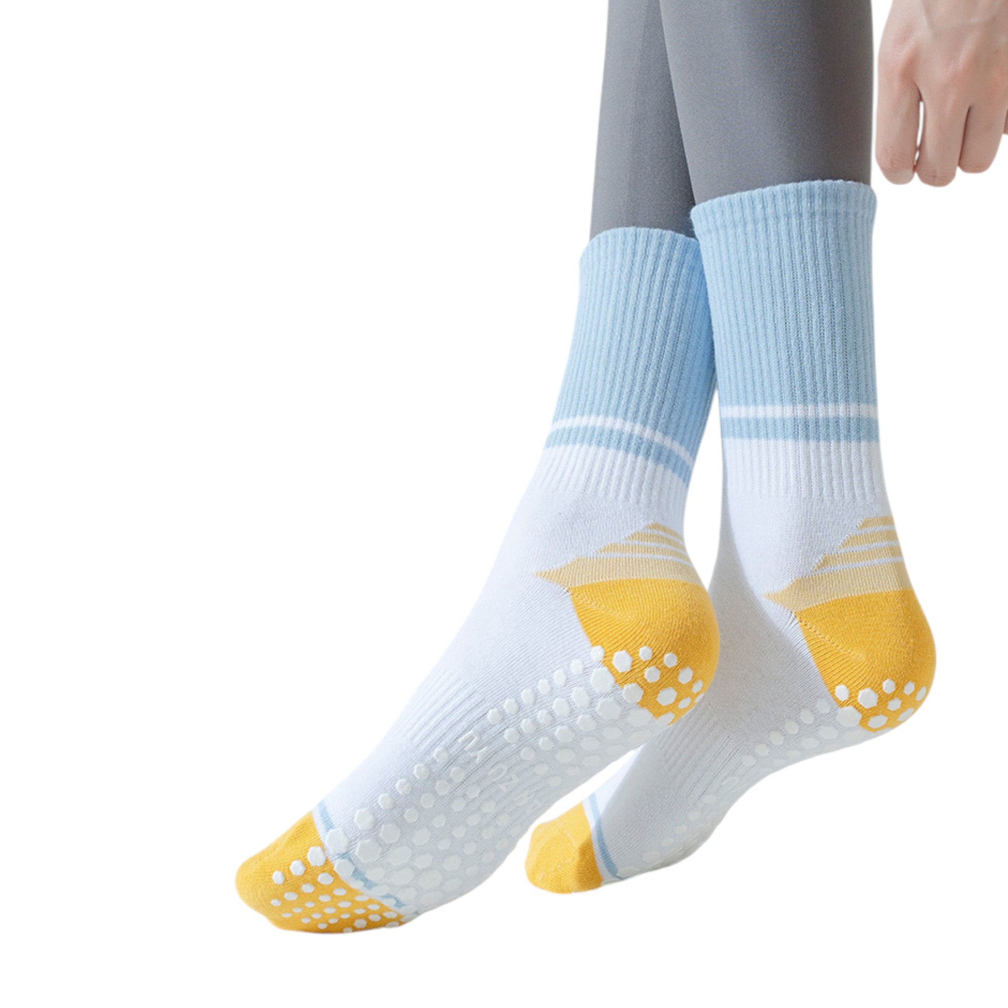 Anna-Kaci 3-Pack Women's Cotton Crew Socks with Color Block Toes Striped Cuffs and Non-Slip Grip Soles
