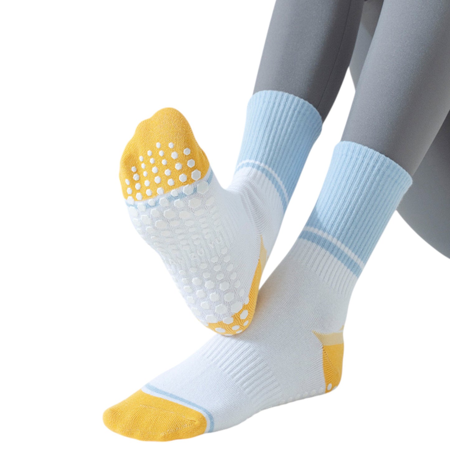Anna-Kaci 3-Pack Women's Cotton Crew Socks with Color Block Toes Striped Cuffs and Non-Slip Grip Soles