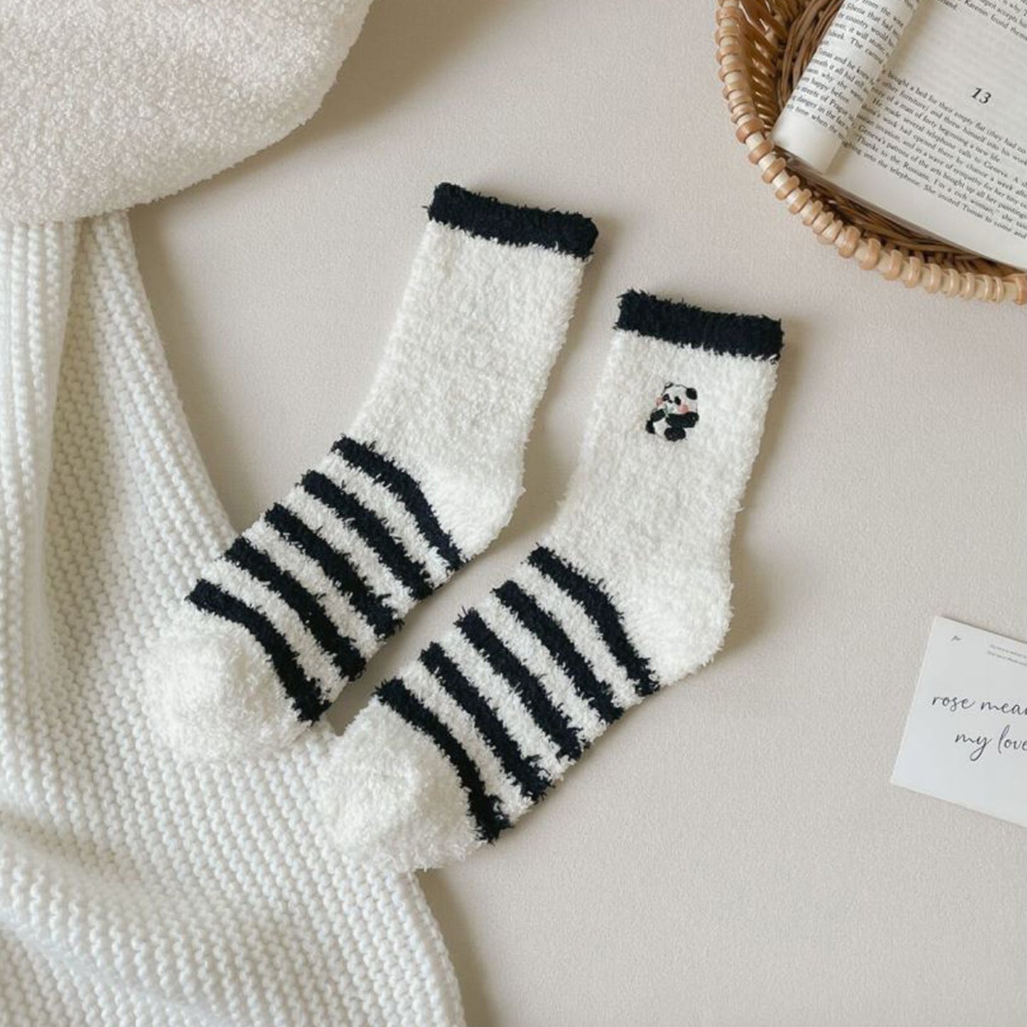 Anna-Kaci 3 Pairs Cozy Fluffy Crew Socks with Cute Panda Embroidery and Fun Pattern Designs