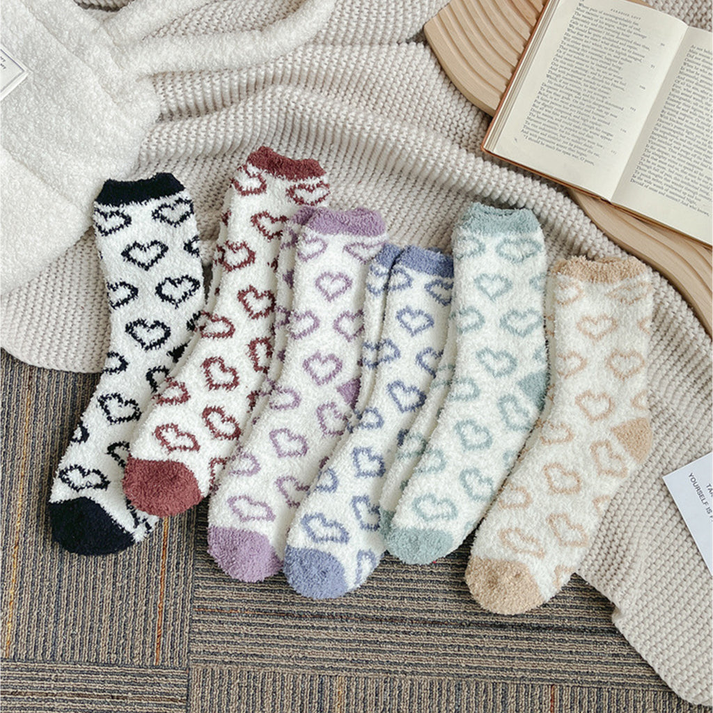 Anna-Kaci 3 Pairs Cozy Fluffy Crew Socks with Heart Pattern Design for Women