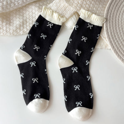 Anna-Kaci 3 Pairs Women's Mid-Calf Socks with Bow Pattern and Ruffled Cuff