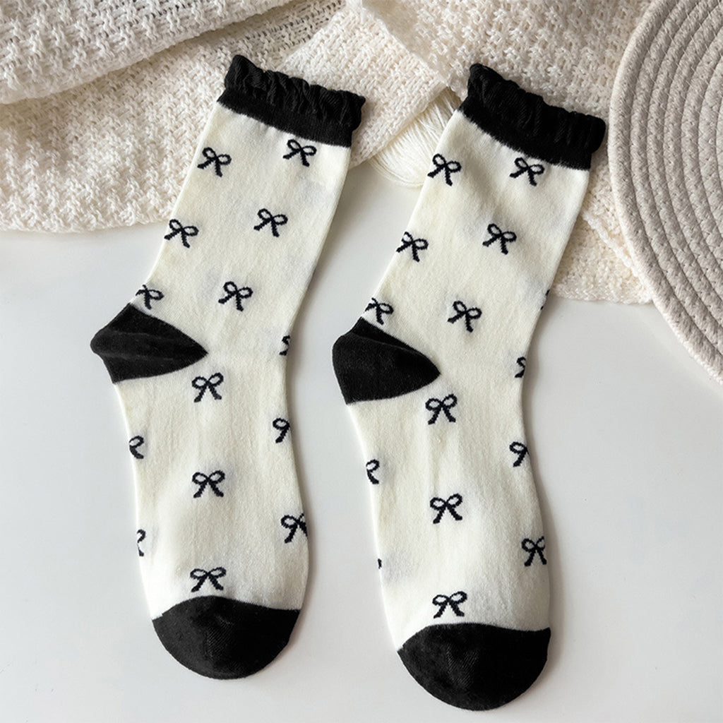 Anna-Kaci 3 Pairs Women's Mid-Calf Socks with Bow Pattern and Ruffled Cuff