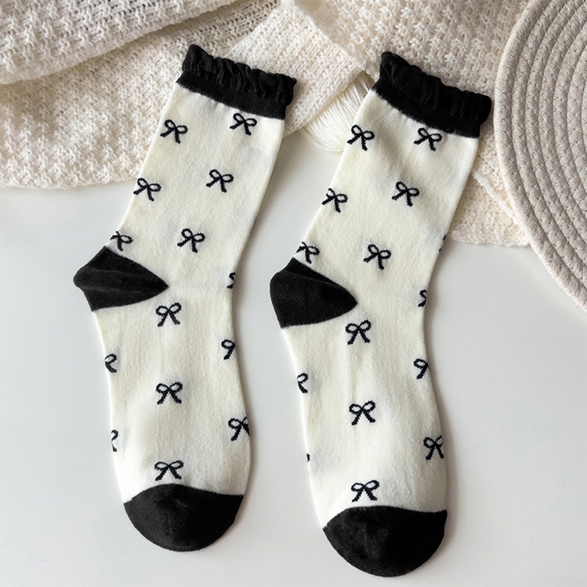 Anna-Kaci 3 Pairs Women's Mid-Calf Socks with Bow Pattern and Ruffled Cuff