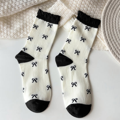 Anna-Kaci 3 Pairs Women's Mid-Calf Socks with Bow Pattern and Ruffled Cuff
